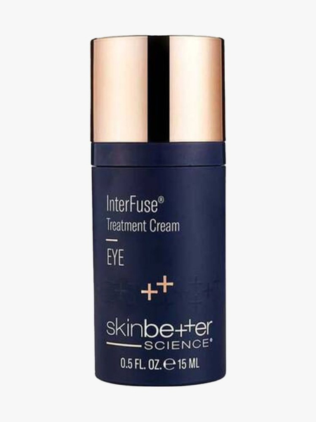SkinBetter Science InterFuse Eye Treatment navy bottle with gold cap on light gray background