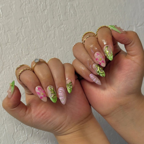 Green and Pink Floral Nails