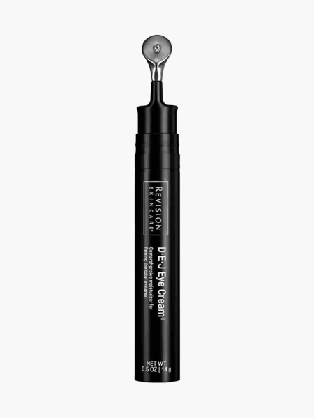 DEJ Eye Cream in branded black component with silver applicator tip on light gray background